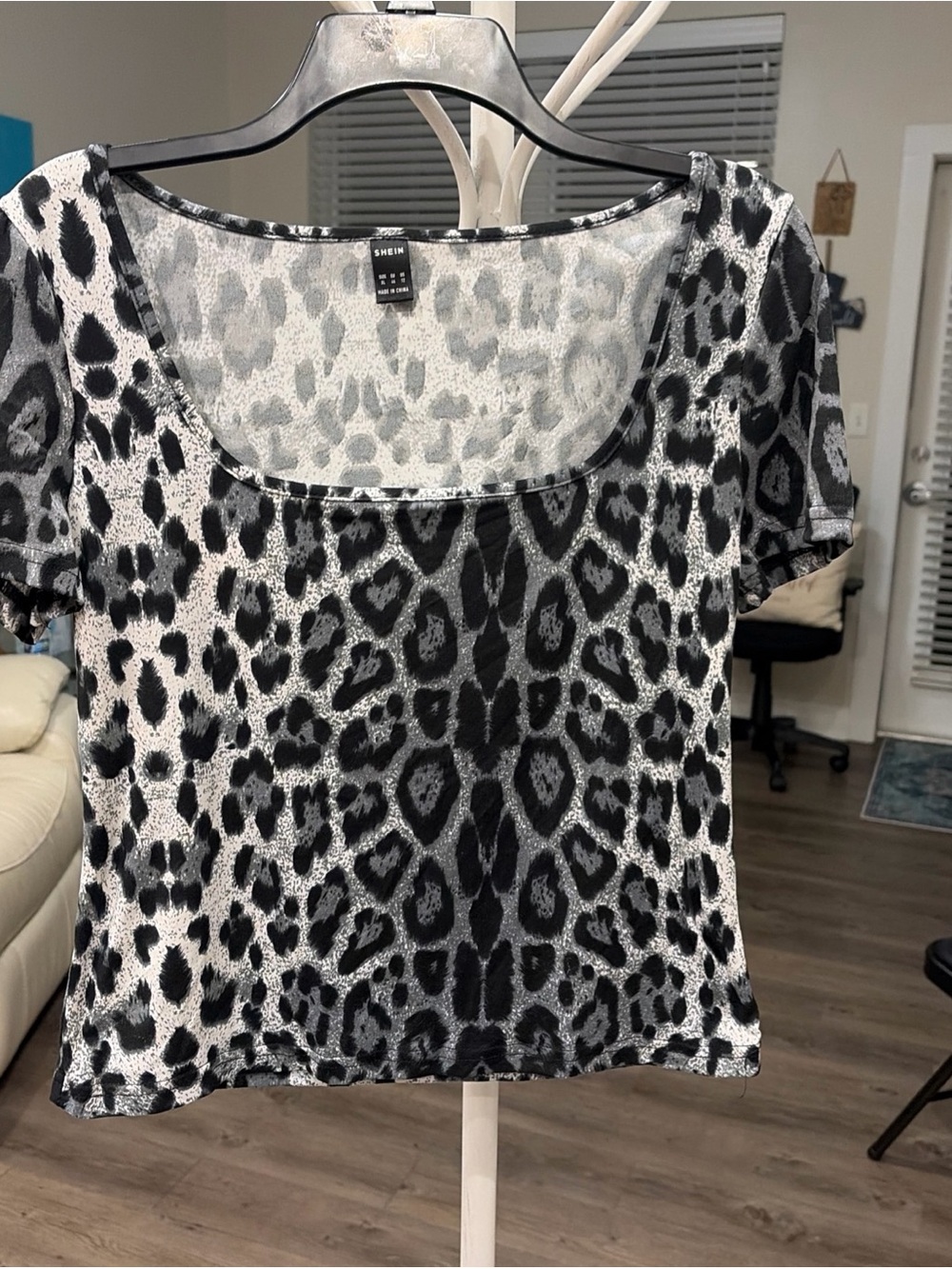 SHEIN Black Gray & White Leopard Animal Print Scoop Neck Short Sleeve Top XL